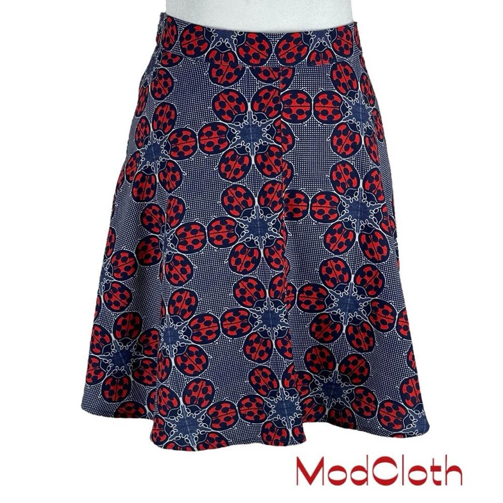ModCloth Navy and Red Floral Circle Skater Skirt